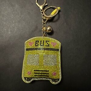 Mint Yellow Rhinestone Bus Keychain Card Holder with Pink Accents